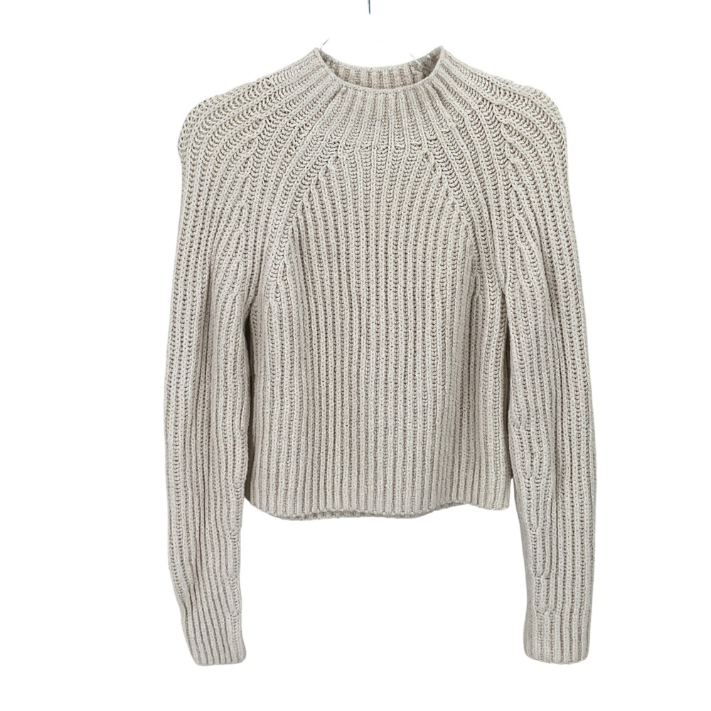Vince Sweater Women M Cream Shaker Ribbed Mock Neck Pullover Classic Luxury Cozy